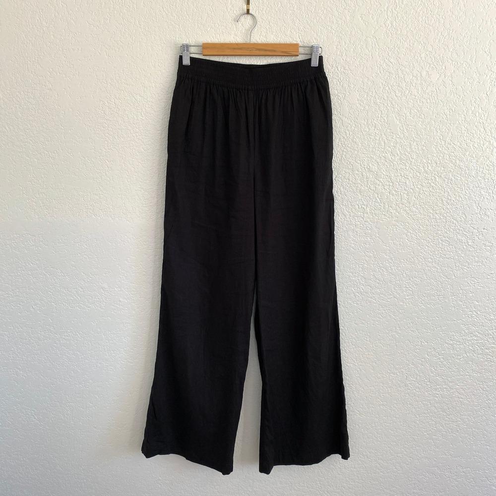 Sweaty Betty Black Stretch Wide Leg Linen Blend Pants Relaxed Fit Smocked Waist - Picture 3 of 10